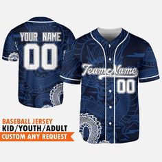 customize baseball jersey with your name and number on the front, in navy blue