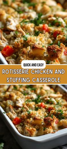 chicken and stuffing casserole in a white baking dish with the title above it