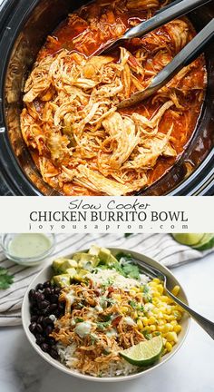 slow cooker chicken burrito bowl with black beans, corn and avocado