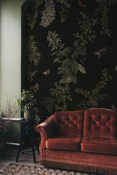 a red couch sitting in front of a black wall