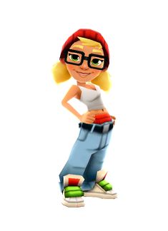 a cartoon girl with glasses standing in front of a white background