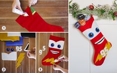 the christmas stockings are being made with construction paper and glue to make them look like they have eyes