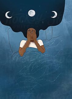 an illustration of a person floating in the water with their head on his hands and eyes closed