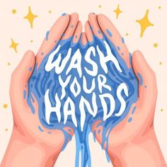 two hands are washing their hands with blue liquid and stars around them that says wash your hands