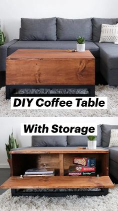 two pictures of a couch and coffee table in the same room, one is made out of wood