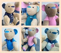 four pictures of teddy bears with different clothes