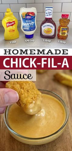 homemade chick - fil - a sauce in a glass bowl with a hand dipping it