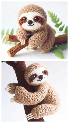 crocheted slotty sitting on a tree branch and holding onto a wooden stick