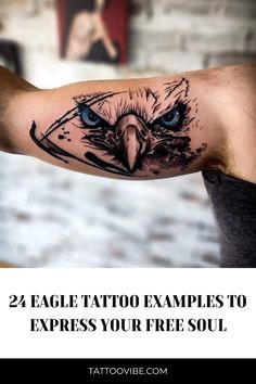 an eagle tattoo on the arm with blue eyes