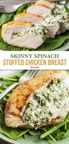 spinach stuffed chicken breast on a green plate