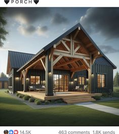 an image of a small cabin style home with porch and covered patio area in the evening