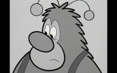 an angry looking cartoon character with eyes wide open and one eye half closed, standing in front of a gray background