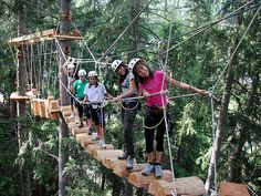 several people on a rope bridge in the woods with ropes attached to them and trees behind them