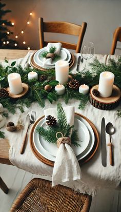 the table is set for christmas dinner with pine cones, candles and napkins on it