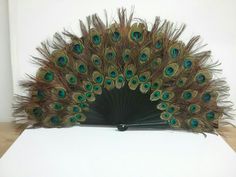 a peacock feather fan sitting on top of a wooden table next to a white wall