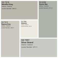 several different shades of gray paint with the names and numbers on each color palettes