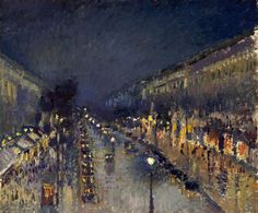 an oil painting of a city street at night