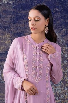 Lilac full sleeves anarkali with plumeria embroidery using cut dana, pearl, sequins highlights. Paired with a dupatta. - Aza Fashions Pink Churidar With Intricate Embroidery And Long Sleeve, Pink Long Sleeve Churidar With Intricate Embroidery, Purple Long Sleeve Sharara With Intricate Embroidery, Designer Long Sleeve Purple Salwar Kameez, Designer Long Sleeve Purple Churidar, Long Sleeve Purple Salwar Kameez For Designer Wear, Semi-stitched Purple Churidar With Intricate Embroidery, Designer Purple Churidar With Intricate Embroidery, Purple Long Sleeve Salwar Kameez With Zari Work