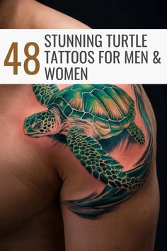 a man's chest with tattoos on it and the words, stunning turtle tattoos for men