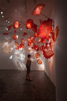 a woman standing in front of a wall with red flowers hanging from it's sides