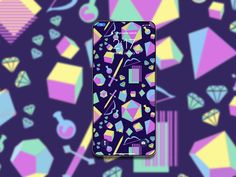 a cell phone with an abstract design on the back and sides, surrounded by other colorful objects