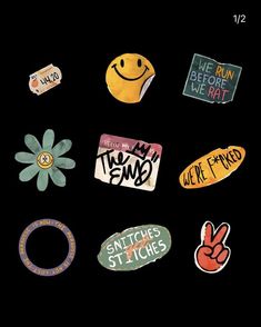 various stickers on a black background with the words i love my town and smiley face