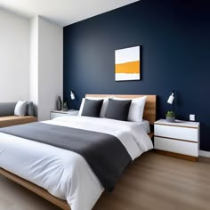 a bedroom with blue walls and white bedding