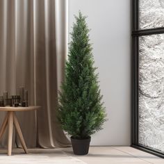 a potted plant next to a table in front of a window with curtains on it