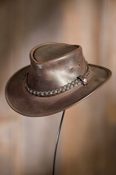 You'll get noticed in this hat that features the distinctive simplicity of crushable leather with a braided leather hatband. Free shipping returns. Outback Hat, Diy Leather Hat, Mens Hats Fashion, Summer Hat Style, Cowboy Theme, Expedition Unknown, Leather Hat, Leather Cowboy Hats, Head Gear