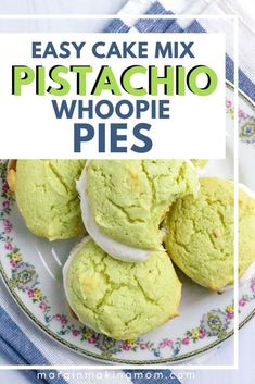 easy cake mix pistachio whoopie pies on a plate with text overlay