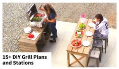 two women are preparing food at an outdoor grill