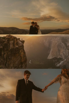 two pictures, one showing a man and woman holding hands while the other is standing on top of a cliff