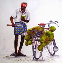 a painting of a man standing next to a bicycle with bananas on the front wheel