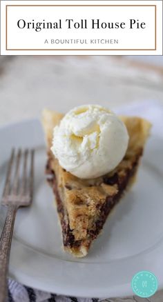 a white plate topped with a slice of pie and ice cream on top of it