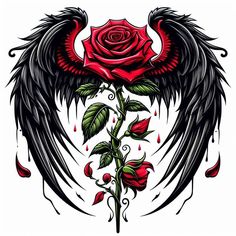 a rose with black wings and blood dripping from the petals on it's side