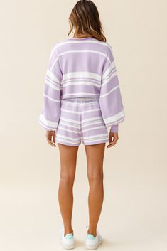 Striped lilac shorts.Knit fabric.Drawstring waist. Netflix and chill? Working from home? We've found the perfect lounge set and can guarantee you won't want to take it off. Our Carlo shorts are comfortable enough to wear around the house all day, but chic enough to run errands in effortless style. Team them with their matching top and sneakers for a look we are loving. MODEL INFOModel is wearing size SHeight: 5'7"Bust: 32"Waist: 24"Hips: 34"Size Guide CAREHand Wash Cold. Do Not Ir Summer Loungewear, Shorts Sets, Yellow Bridesmaids, Red Bridesmaids, Drawstring Waist Shorts, Sorority Girl, Netflix And Chill, Long Balloons, Matching Shorts