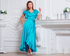 "Turquoise blue dress, silk dress, wrap dress, bridesmaid dress, wedding guest dress, women dress, maxi dress, evening dress, long dress, evening dress, green ruffle dress You can find the pictures of ALL OTHER COLORS in our catalog on ETSY here: https://www.etsy.com/shop/ENMEstyle?ref=seller-platform-mcnav&section_id=35708129 This satin silk ruffle wrap dress is made of charming delicate fabric which offers an eye-catching sheen and a second-skin feeling texture. Maxi dress in softly drapin Turquoise Blue Dress, Turquoise Maxi Dress, Green Ruffle Dress, Wrap Dress Bridesmaid, Evening Dress Long, Ruffle Wrap Dress, Blue Silk Dress, Marine Uniform, Silk Wrap Dresses