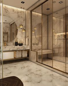 a bathroom with marble walls and flooring is shown in this artist's rendering