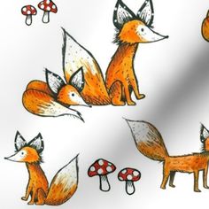 an image of foxes and mushrooms on a white background for wallpaper or wrapping paper