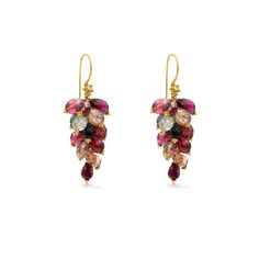 Beautiful color range of genuine tourmaline stones on 18K gold. Each stone is paired with a tiny flower peg detail. A beautiful timeless style to be enjoyed for your to come! 18K solid gold Genuine tourmaline Color range from greens to rich berries Fishwire Earring length: Luxury Gold-plated Multi-stone Earrings, Rainbow Tourmaline, Tourmaline Stone, Teardrop Beads, Flower Detail, Gold Flower, Cluster Earrings, Tiny Flowers, Beautiful Rainbow