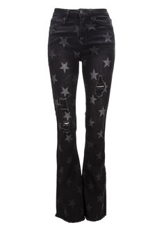 Match made in heaven! You and these star bell bottoms are meant to be! With a high rise and dramatic flare, these stretch flare jeans make your legs look a mile long with retro-inspired style that feels cool and modern! An all over star print, distressed detailing as well as a frayed hem rounds up the `70s swagger of these denim jeans. Authenticity to vintage-inspired bell bottom jeans cast in a time-worn black denim wash. Flirty flare features a slender fit through hip and thigh with a dramatic Star Bell Bottom Jeans, Star Print Pants, Ripped Flare Jeans, Jeans Bell Bottoms, Rock Clothes, Printed Bell Bottoms, Highway Star, Billy Kid, Shaggy Jacket