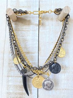 chain pendants Black Amulet Necklace With Coin Pendant, Pretty Necklace, Horn Pendant, Pretty Necklaces, Pendant Gold, Oxidized Silver, Coin Pendant, Horn, Antique Silver