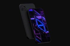 an iphone case with neon lights in the back on a black background, next to another phone