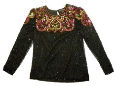 Vintage sequined & beaded top. Gorgeous colorful neckline and shoulders, black beading in swirl pattern throughout. 100% silk, lined in Rayon.LABEL: Royal FeelingsCONDITION : Very good vintage condition, some missing gold beads around neck. Please see last photoSIZE: vintage S - Fits like a current S in my opinion - PLEASE see measurements and compare to a similar garment you own to determine fit. Please allow a little room for differences in measuring tools and techniquesForm in photos measures 34" bust, 26.25" waist, 35" hipMEASURED:armpit to armpit - 18.5"waist, flat - 17"hem, flat - 20"length - center back, neck to hem - 25.5"length - side seam, armpit to hem - 15.5"shoulder - across back, seam to seam - 14.75"shoulder seam - 4"sleeve - 25"no shoulder pads(InS)1lb 6 oz fit in padded fl Fitted Multicolor Beaded Tops, Black Silk Top, Measuring Tools, Beaded Top, Swirl Pattern, Black Silk, Silk Top, Black Beads, Gold Beads