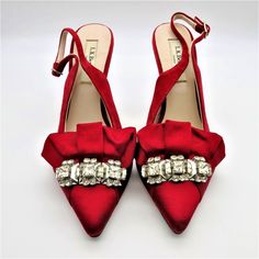 These Beautiful L.K. Bennett Red Suede And Satin Sling-Back Pumps With Crystal Brooch Embellishment Are Perfect For That Special Occasion. Heel Height: 3" Condition: Pre-Owned. Overall Good Condition Lk Bennett, Sling Back, Crystal Brooch, Red Suede, Shoes Women Heels, Special Occasion, Heel Height, Shoes Heels, Satin