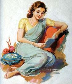 a painting of a woman sitting on a chair with an open book and knitting needles