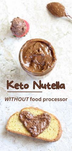 two pieces of bread with peanut butter on top and the words keto nutella without food processor