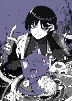 an anime character holding a cat in her hand