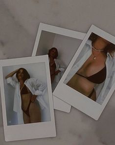 three polaroid photos of women in bikinis on a marble counter top, one showing the same woman's breast