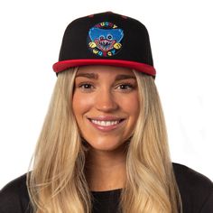 Elevate your style game with this Poppy Playtime Huggy OSFM black snapback hat, which features an embroidered design of Huggy and his razor-sharp, toothy grin with a contrasting red brim. This hat is a vivid attention-grabber, a conversation starter, and a great way to connect with fellow Poppy Playtime fans. With an OSFM (One Size Fits Most) design and an adjustable snapback closure, this hat ensures a comfortable and secure fit for everyone. Whether you have a smaller or larger head size, you Fun Black Snapback Hat With Flat Brim, Black Baseball Cap For Streetwear, Novelty Snapback Hat For Streetwear, Novelty Black Flat Bill Baseball Cap, Fun Black 5-panel Snapback Hat, Black 5-panel Fun Snapback Hat, Fun Black 5-panel Baseball Cap, Toothy Grin, Attention Grabber